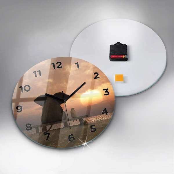 Round glass clock Animals and sunset