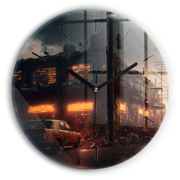 Round glass clock Apocalyptic building
