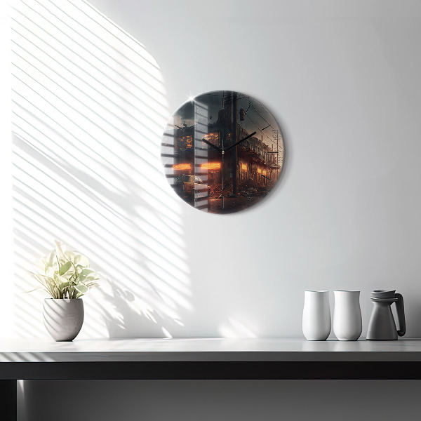 Round glass clock Apocalyptic building