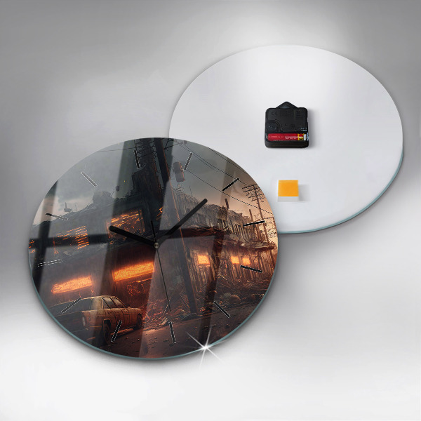Round glass clock Apocalyptic building