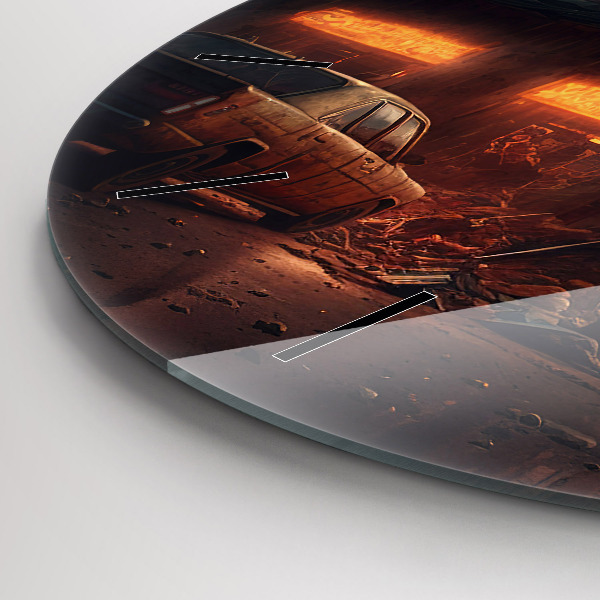 Round glass clock Apocalyptic building