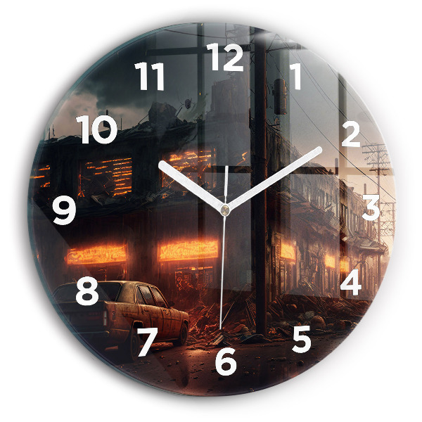 Round glass clock Apocalyptic building