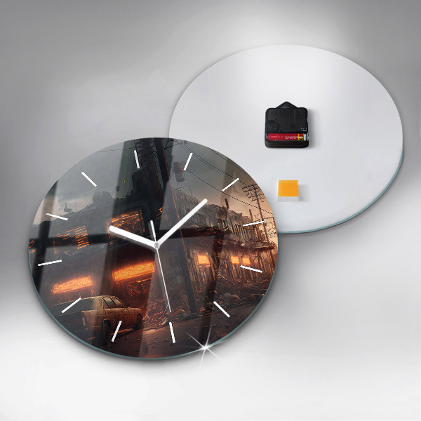 Round glass clock Apocalyptic building