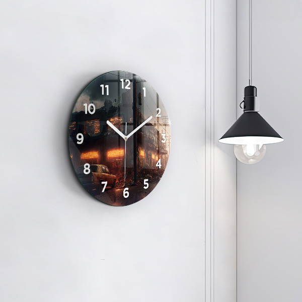 Round glass clock Apocalyptic building