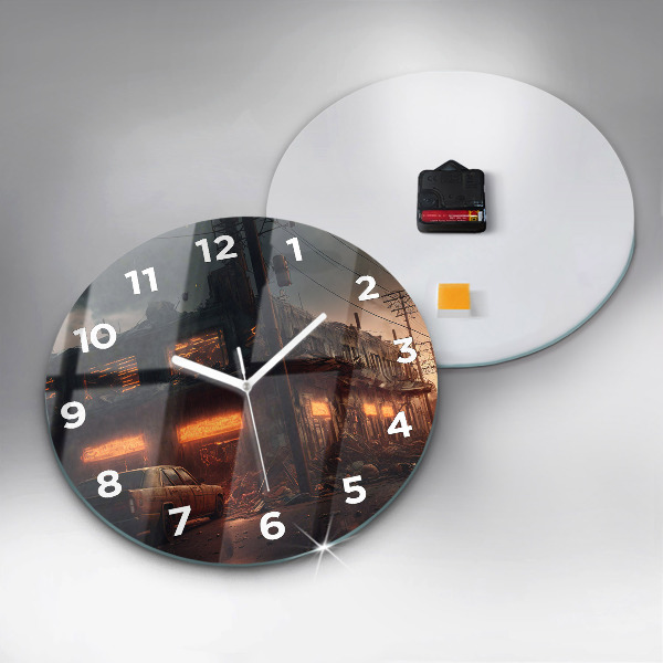Round glass clock Apocalyptic building