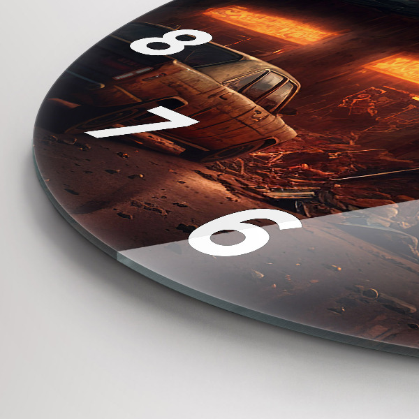 Round glass clock Apocalyptic building