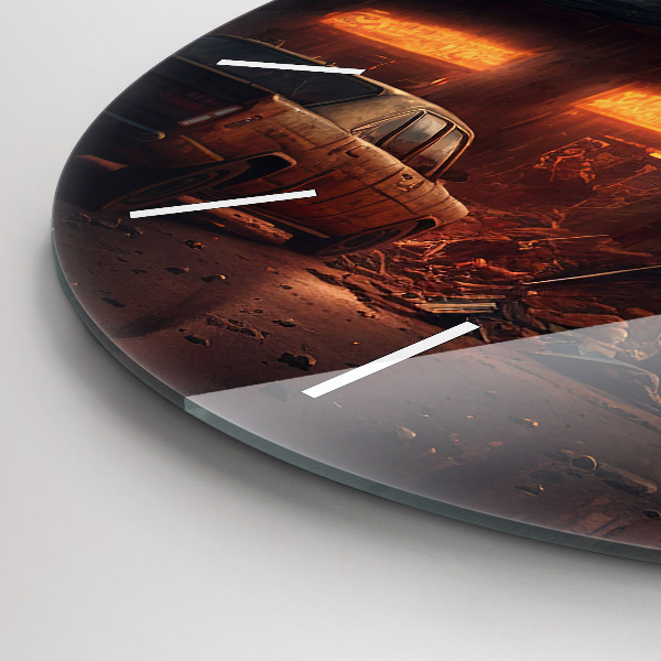 Round glass clock Apocalyptic building