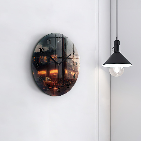 Round glass clock Apocalyptic building