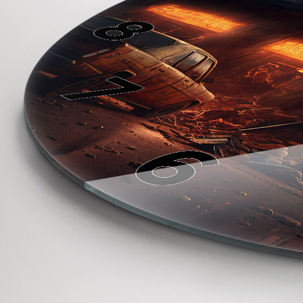 Round glass clock Apocalyptic building