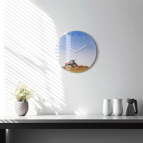 Round glass clock Farmer on a tractor