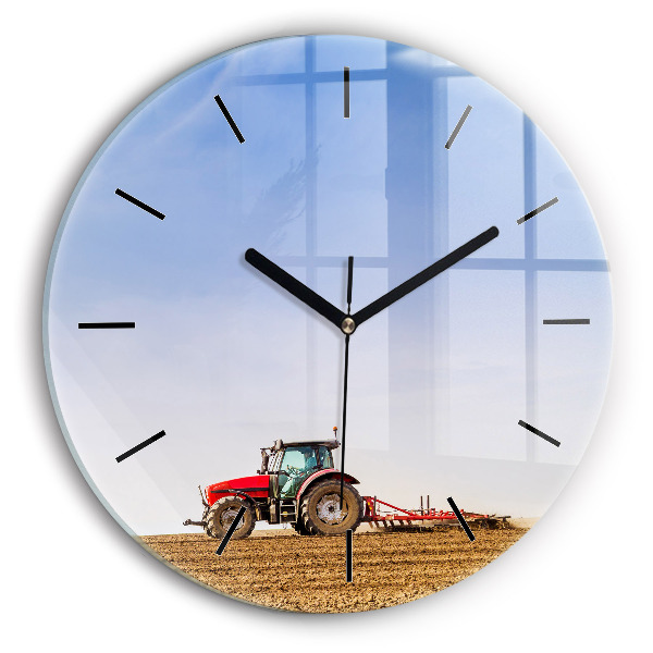 Round glass clock Farmer on a tractor
