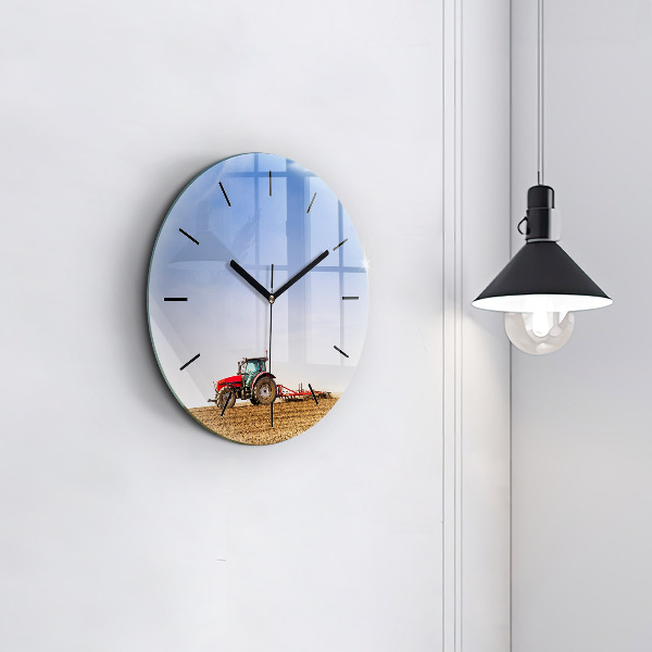 Round glass clock Farmer on a tractor