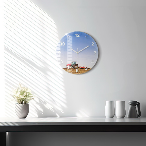 Round glass clock Farmer on a tractor
