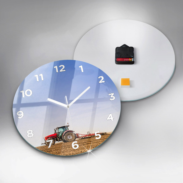 Round glass clock Farmer on a tractor
