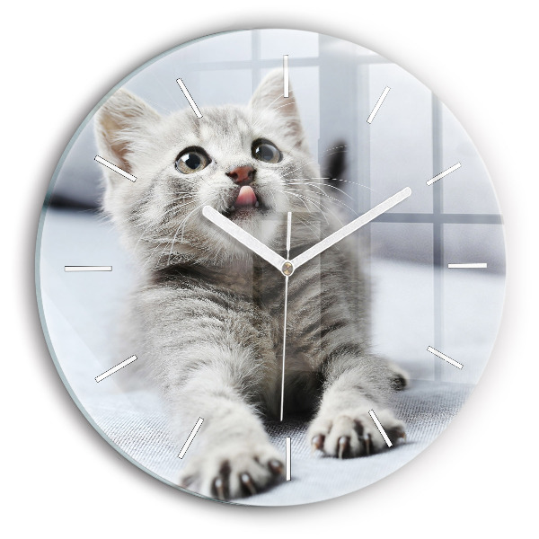 Round glass clock Cat on the couch