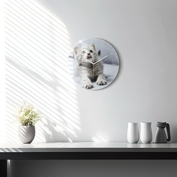 Round glass clock Cat on the couch