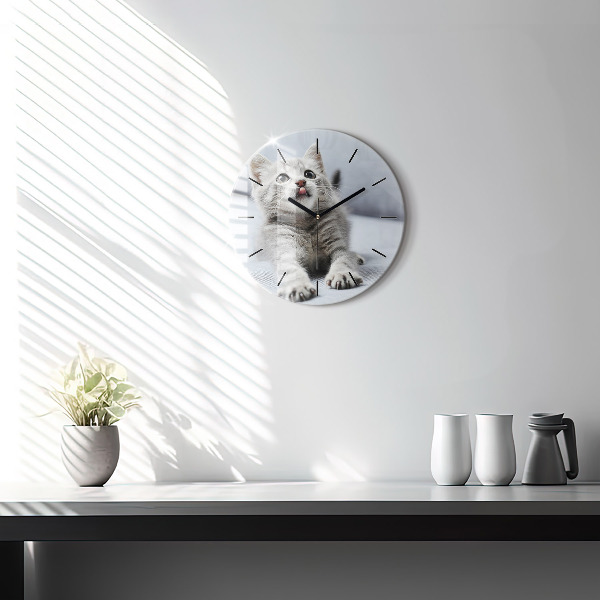 Round glass clock Cat on the couch