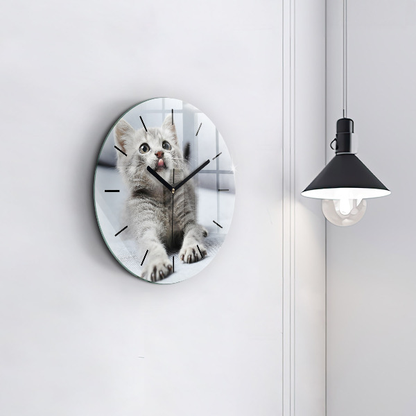 Round glass clock Cat on the couch