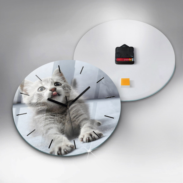 Round glass clock Cat on the couch