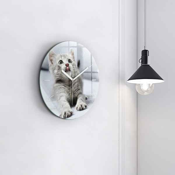 Round glass clock Cat on the couch