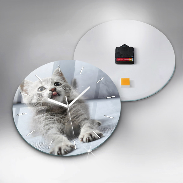 Round glass clock Cat on the couch