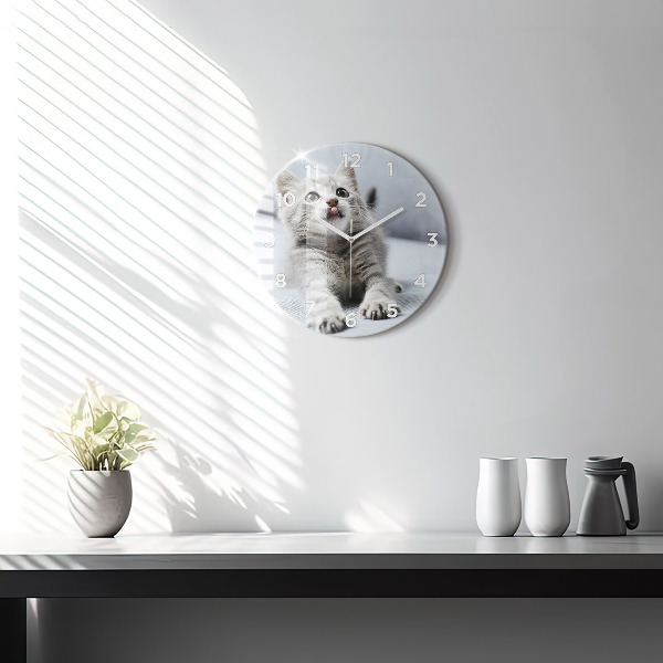 Round glass clock Cat on the couch