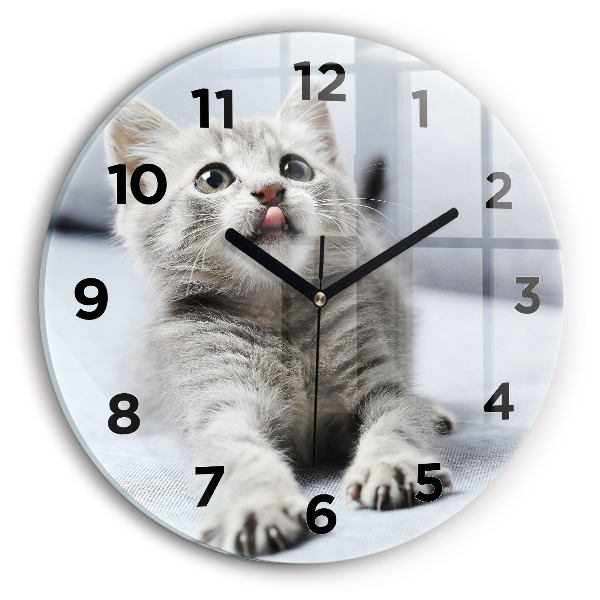 Round glass clock Cat on the couch