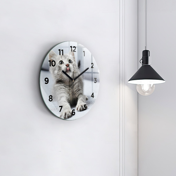 Round glass clock Cat on the couch