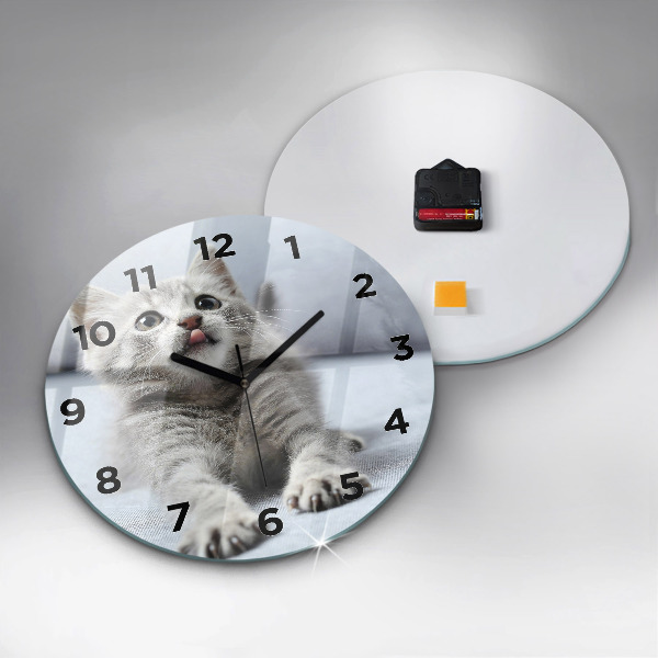 Round glass clock Cat on the couch