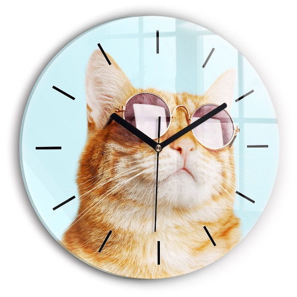 Round glass clock Funny cat with glasses