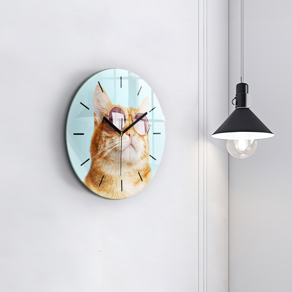 Round glass clock Funny cat with glasses