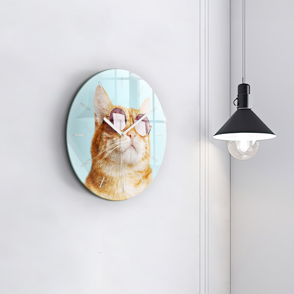 Round glass clock Funny cat with glasses