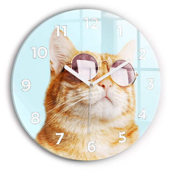 Round glass clock Funny cat with glasses