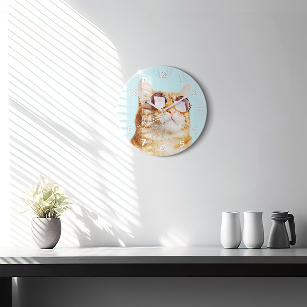 Round glass clock Funny cat with glasses