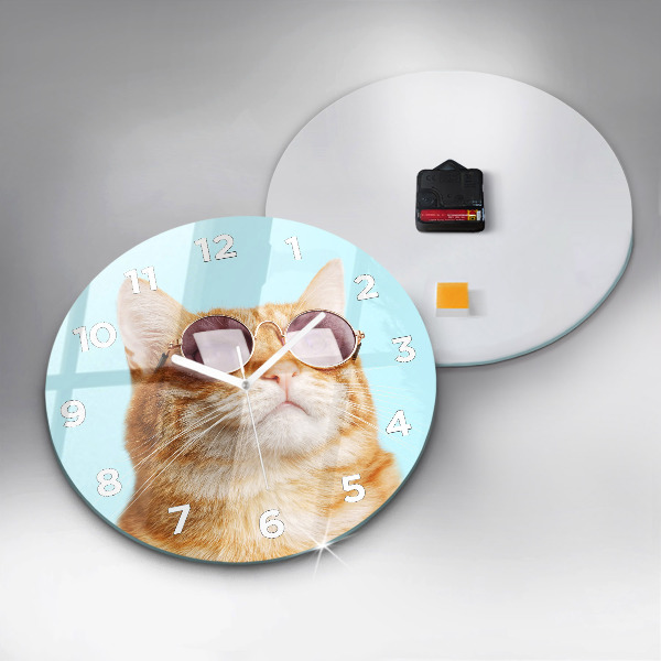 Round glass clock Funny cat with glasses