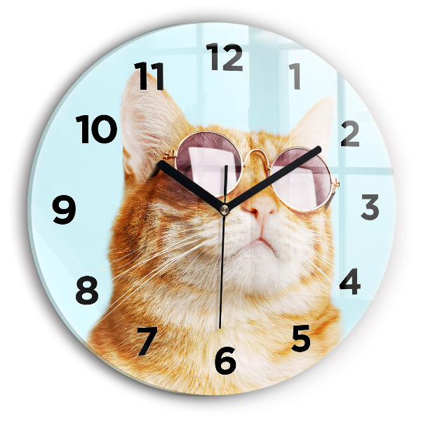 Round glass clock Funny cat with glasses