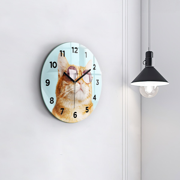 Round glass clock Funny cat with glasses
