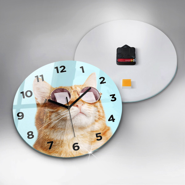 Round glass clock Funny cat with glasses