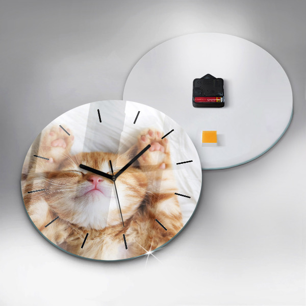 Round glass clock Sleeping little kitten