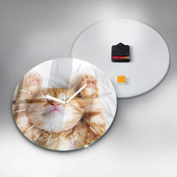 Round glass clock Sleeping little kitten