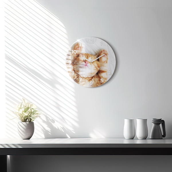 Round glass clock Sleeping little kitten