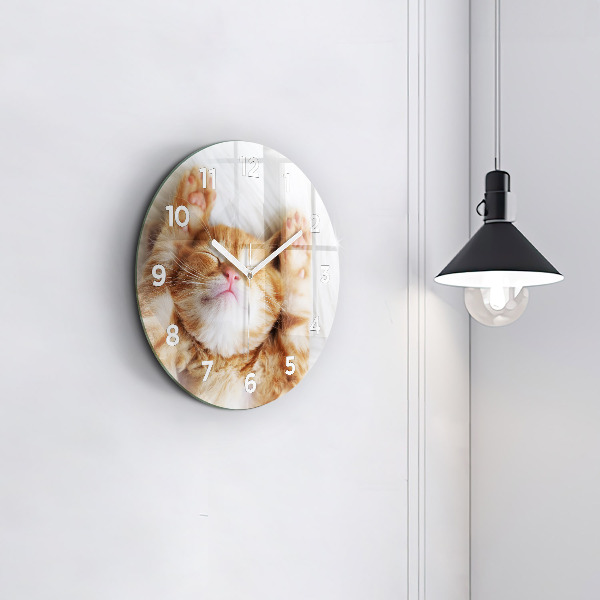 Round glass clock Sleeping little kitten