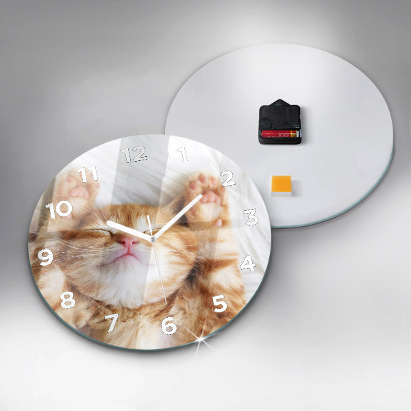 Round glass clock Sleeping little kitten