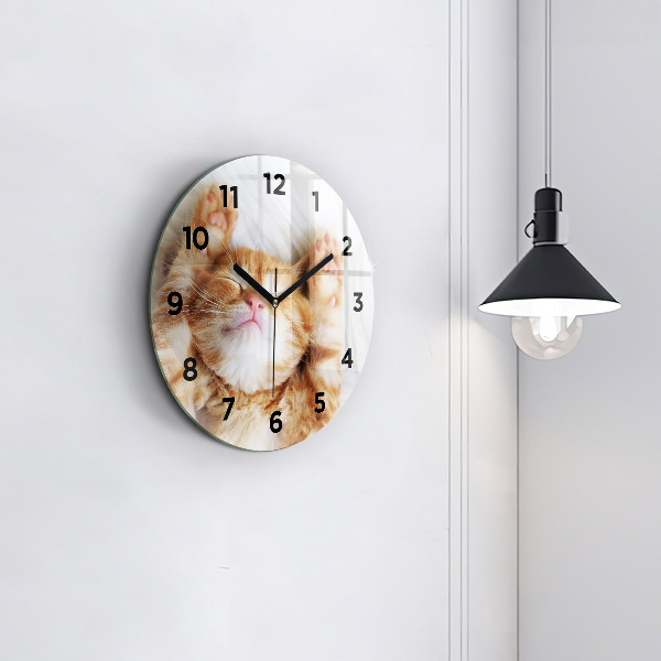 Round glass clock Sleeping little kitten
