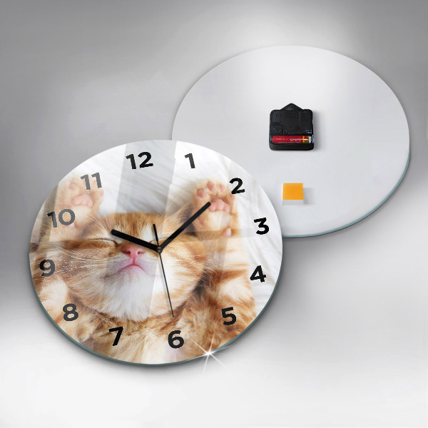 Round glass clock Sleeping little kitten