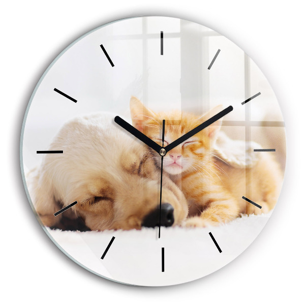 Round glass clock Sleeping cat and dog
