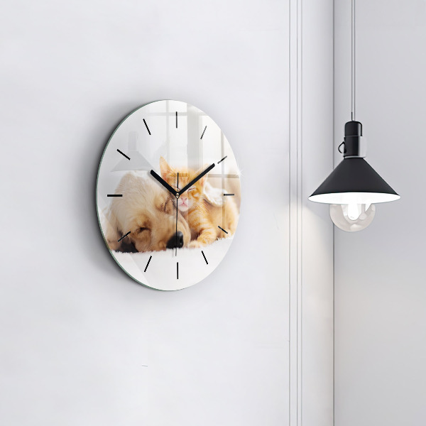 Round glass clock Sleeping cat and dog