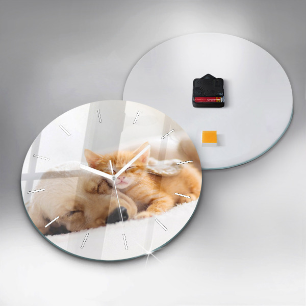 Round glass clock Sleeping cat and dog