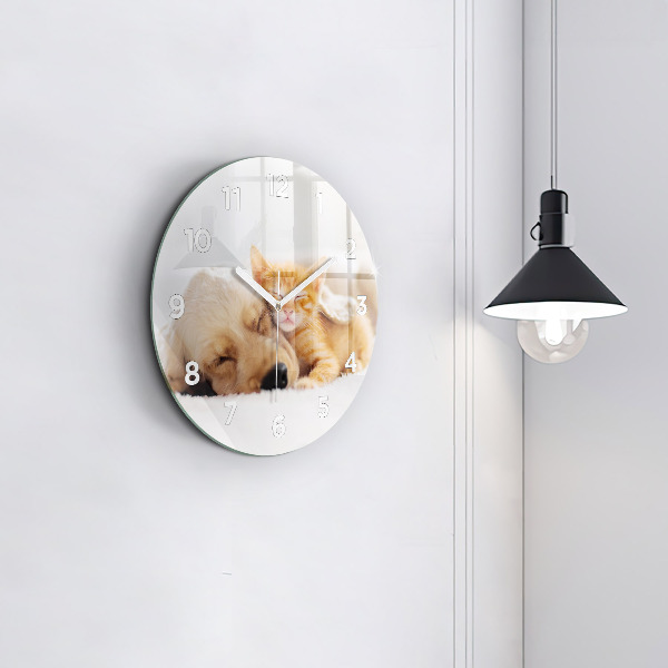 Round glass clock Sleeping cat and dog