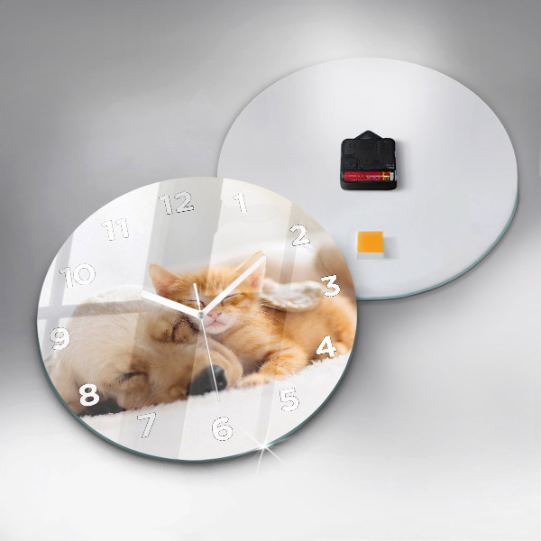 Round glass clock Sleeping cat and dog